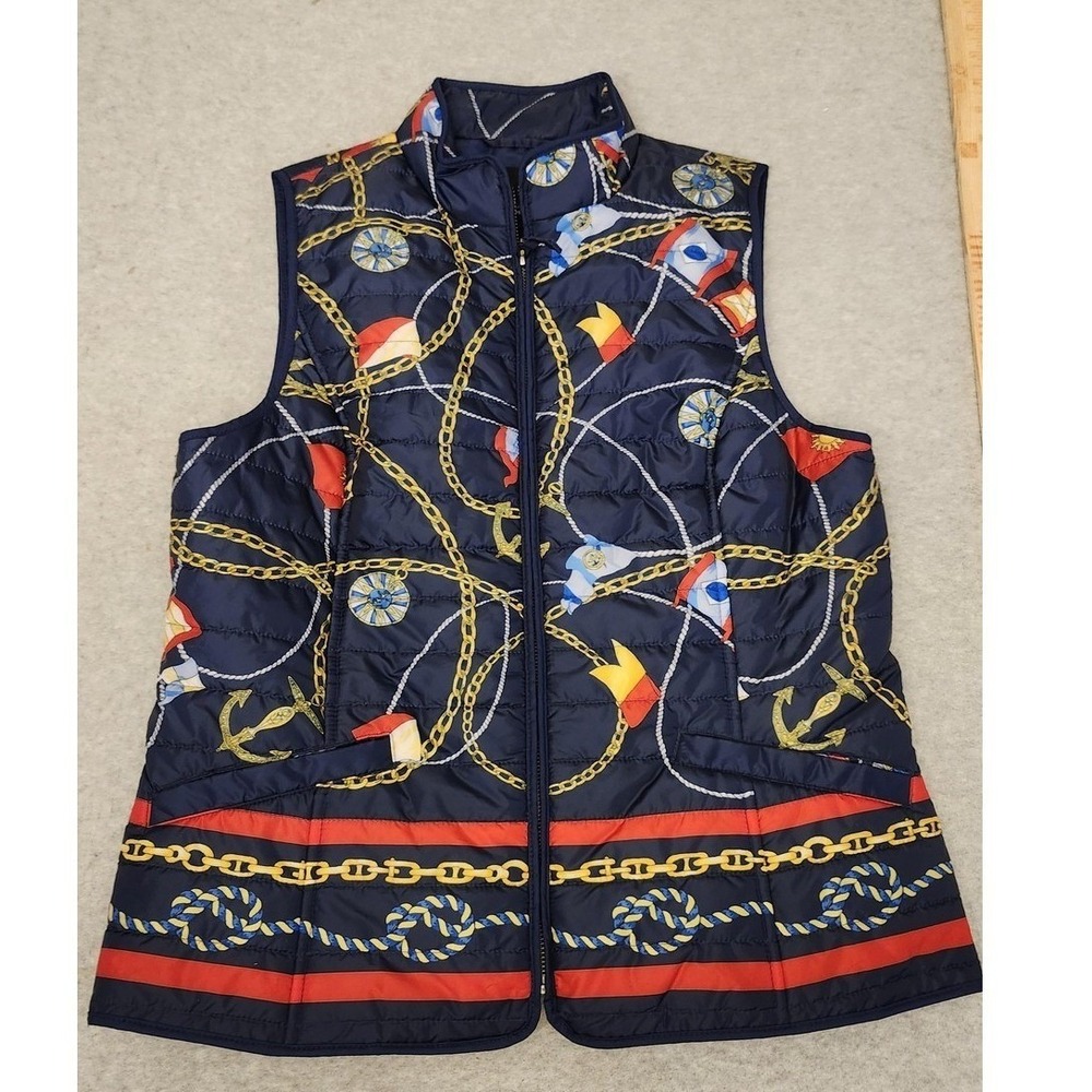 Talbots Vest Womens Large Petite Navy Nautical Anchor Chain Print Quilted Puffer
